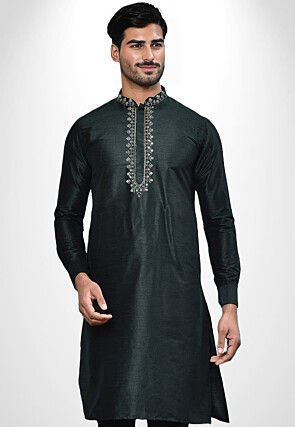 Embroidered Dupion Silk Kurta in Dark Green