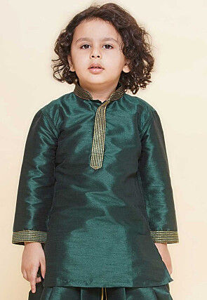 Embroidered Dupion Silk Kurta in Dark Green