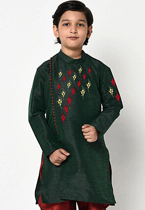 Embroidered Dupion Silk Kurta in Dark Green