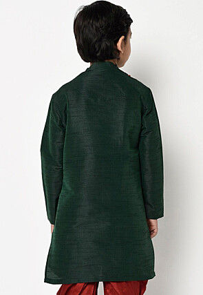 Embroidered Dupion Silk Kurta in Dark Green