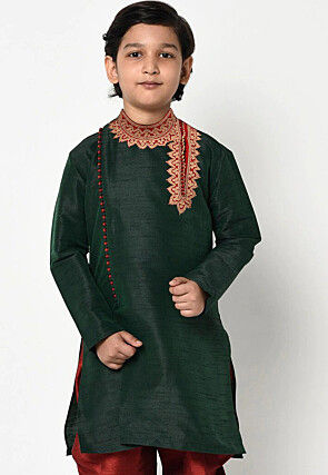 Embroidered Dupion Silk Kurta in Dark Green