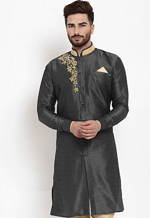 Embroidered Dupion Silk Kurta in Dark Grey