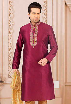 Embroidered Dupion Silk Kurta in Dark Magenta