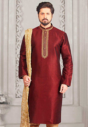 Embroidered Dupion Silk Kurta in Dark Maroon