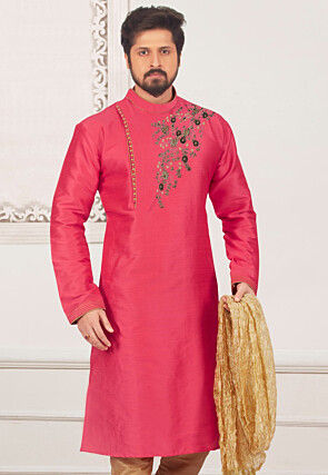 Embroidered Dupion Silk Kurta in Dark Pink