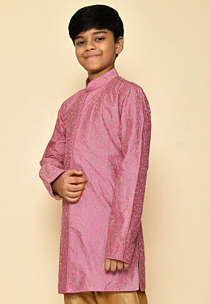 Embroidered Dupion Silk Kurta in Dark Pink