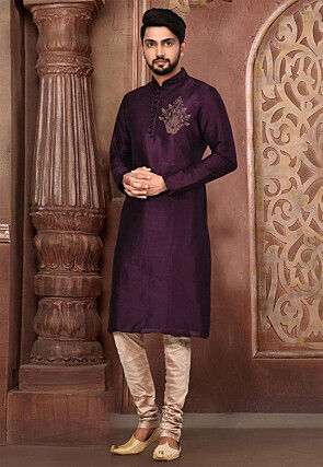 Embroidered Dupion Silk Kurta in Dark Purple