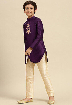 Embroidered Dupion Silk Kurta in Dark Purple