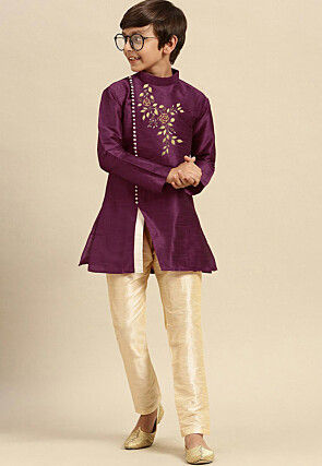 Embroidered Dupion Silk Kurta in Dark Purple