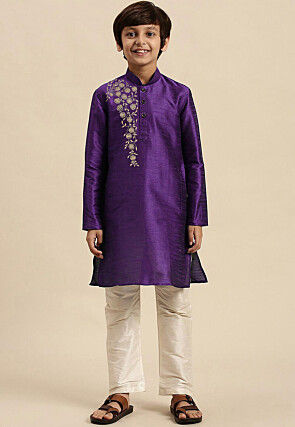 Embroidered Dupion Silk Kurta in Dark Purple