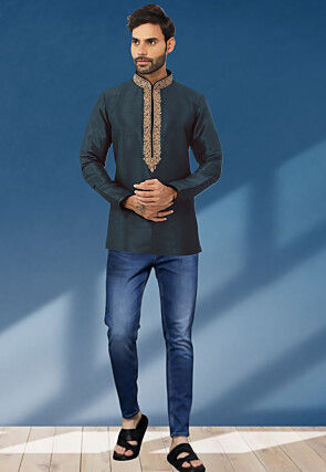 Embroidered Dupion Silk Short Kurta in Dark Teal Green