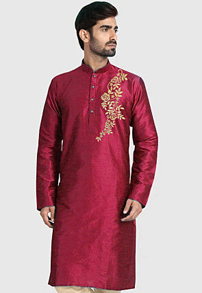 Embroidered Dupion Silk Kurta in Fuchsia