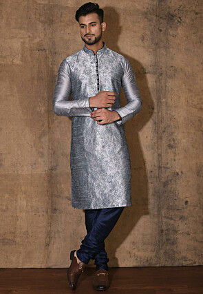 Embroidered Dupion Silk Kurta in Grey