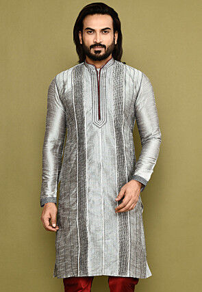 Embroidered Dupion Silk Kurta in Grey