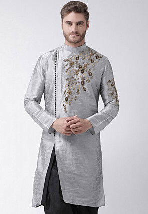 Embroidered Dupion Silk Kurta in Grey