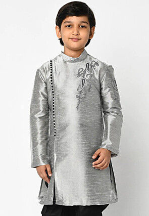 Embroidered Dupion Silk Kurta in Grey