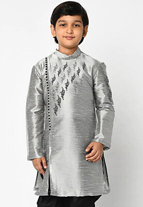 Embroidered Dupion Silk Kurta in Grey