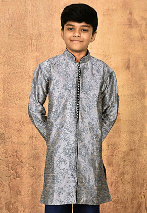 Embroidered Dupion Silk Kurta in Grey