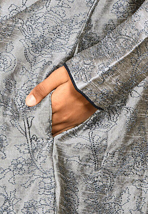 Embroidered Dupion Silk Kurta in Grey