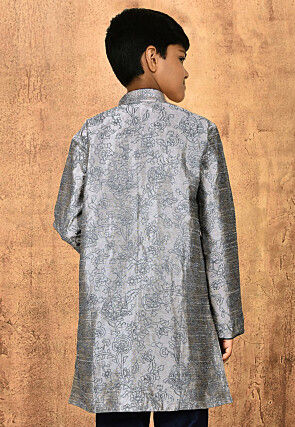 Embroidered Dupion Silk Kurta in Grey