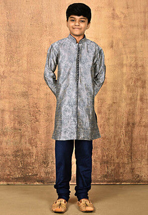 Embroidered Dupion Silk Kurta in Grey