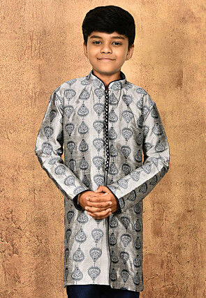 Embroidered Dupion Silk Kurta in Grey