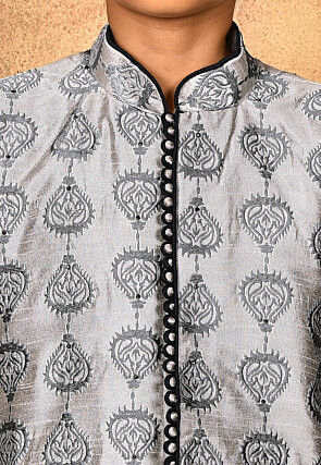 Embroidered Dupion Silk Kurta in Grey