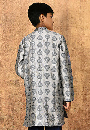 Embroidered Dupion Silk Kurta in Grey