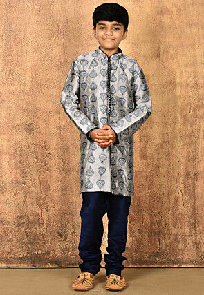 Embroidered Dupion Silk Kurta in Grey