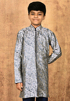 Embroidered Dupion Silk Kurta in Grey