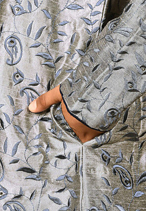 Embroidered Dupion Silk Kurta in Grey