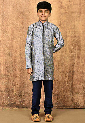 Embroidered Dupion Silk Kurta in Grey