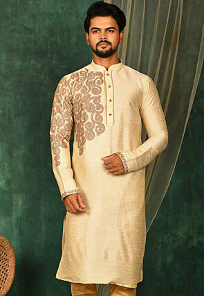 Embroidered Dupion Silk Kurta in Light Beige