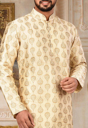 Embroidered Dupion Silk Kurta in Light Beige
