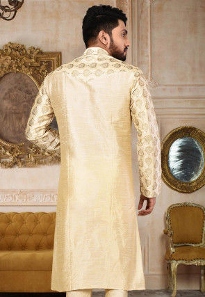Embroidered Dupion Silk Kurta in Light Beige