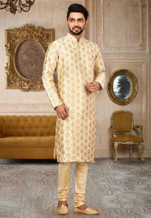 Embroidered Dupion Silk Kurta in Light Beige