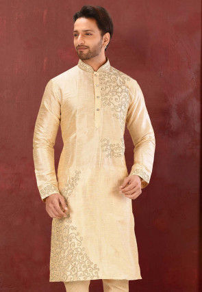 Embroidered Dupion Silk Kurta in Light Beige