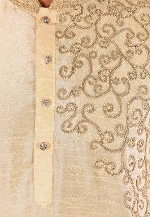Embroidered Dupion Silk Kurta in Light Beige