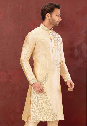 Embroidered Dupion Silk Kurta in Light Beige