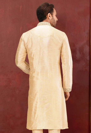 Embroidered Dupion Silk Kurta in Light Beige