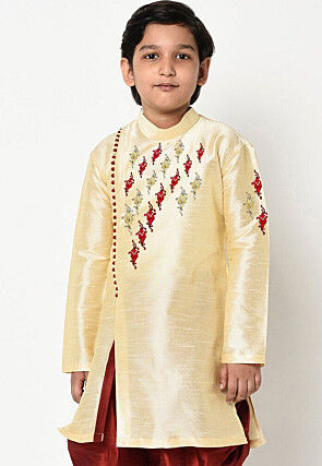 Embroidered Dupion Silk Kurta in Light Beige