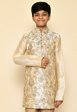 Embroidered Dupion Silk Kurta in Light Beige