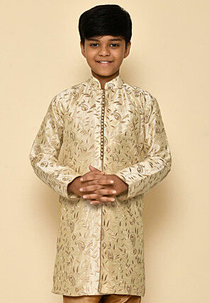 Embroidered Dupion Silk Kurta in Light Beige