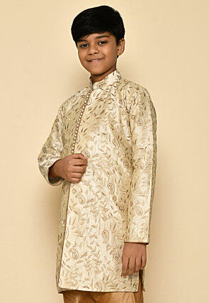 Embroidered Dupion Silk Kurta in Light Beige