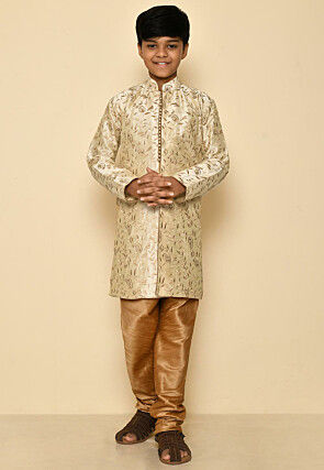 Embroidered Dupion Silk Kurta in Light Beige