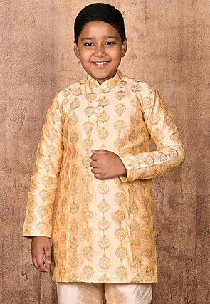 Embroidered Dupion Silk Kurta in Light Beige