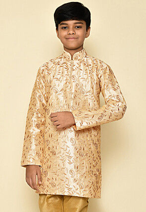 Embroidered Dupion Silk Kurta in Light Beige