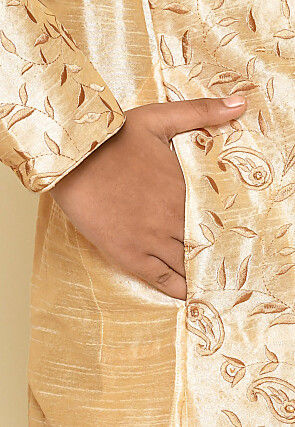 Embroidered Dupion Silk Kurta in Light Beige