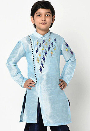 Embroidered Dupion Silk Kurta in Light Blue