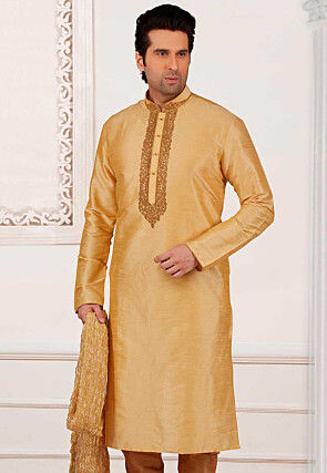 Embroidered Dupion Silk Kurta in Light Gold